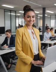 Poster - Confident businesswoman standing with a laptop, exuding leadership and professionalism in a busy office.