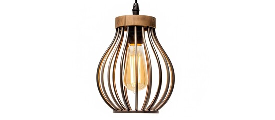 Poster - A stylish pendant light made of wood with a beige lampshade, emitting a warm glow. The metal accents add a touch of elegance to this ceiling fixture, resembling a piece of jewellery