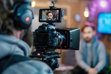 A man wearing headphones is actively filming another man with a camera.