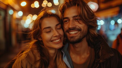 Wall Mural - Portrait of a young techno party people couple , slightly smiling. In the background  street at night, strong motion blur.