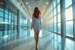 A business woman walking down a hallway in an office building.