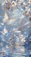 Canvas Print - Silver Butterflys, light pink water, pink and white, shining