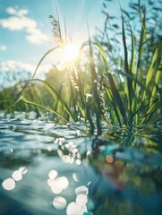 Poster - the sun shines behind the grass growing in a pond