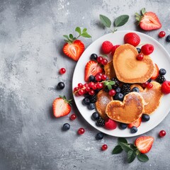 Canvas Print - Valentine's day. heart shaped pancakes decorated with berries on a light gray concrete background with copy space for the recipe. holiday breakfast concept for valentine's day. View from above 