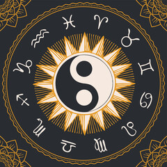 Poster - Vector circle of Zodiac signs with hand-drawn yin yang oriental symbol. Retro banner with horoscope symbols for astrological forecasts.