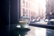 A cup of coffee on the office table near the window with a view of the city street