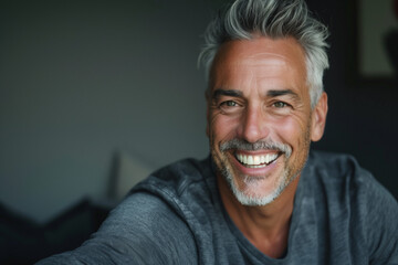 man with gray hair smiling outdoors in warm weather