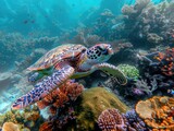 Fototapeta Do akwarium - a sea turtle swimming through a coral reef