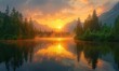 Breathtaking sunset over tranquil lake with forested shoreline