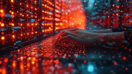 Computer engineer working on laptop computer with server room, data center, big data storage as backgrounds, digital technology, database, IT support, telecommunication concept