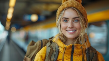 Canvas Print - A woman in a yellow hat and jacket smiles happily at the camera