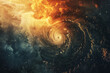Spiral galaxy merging with abstract fiery and aquatic elements in a dynamic cosmic scene