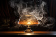 Vintage lamp with a lampshade on a table in clouds of steam. Generated by artificial intelligence