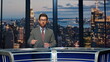 © stockbusters - Serious anchor reporting events at newsroom. Presenter speaking at news desk