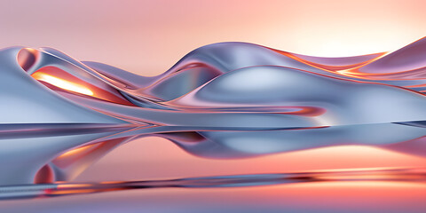 Wall Mural - Sleek 3D metallic surfaces with soft waves, reflecting a gradient of sunrise colors in a minimalist setting 