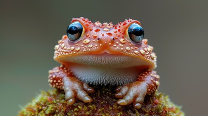 Wall Mural - a close up of a red and white frog's face with blue eyes and a speckled pattern on it's body.