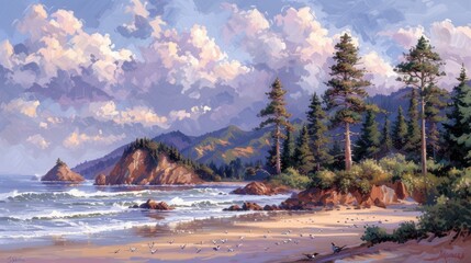 Wall Mural - a painting of a beach with pine trees on the shore and a mountain in the distance with clouds in the sky.