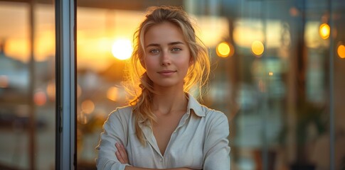 Wall Mural - A blond woman with electric blue sleeve standing by a window, smiling happily