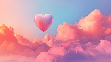 Wall Mural - A dreamy, pastel-hued Valentine's Day scene with a majestic heart floating amidst the clouds, embodying love and romance, holiday illustration