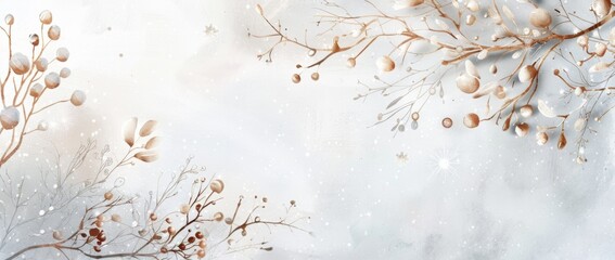 Wall Mural - winter watercolor background with golden elements, branches and berries generative ai
