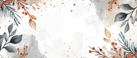 Wall Mural - winter elements, golden foil and watercolor, light background banner with copy space for web adverti