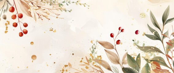 Wall Mural - winter watercolor background with golden lines, leaves and berries, vector illustration on a white b