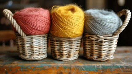 Sticker - three skeins of yarn sitting in a basket next to each other on top of a piece of wood.