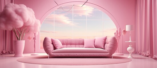 Poster - A pink living room in a building with a comfortable violet couch and a window, complemented by a magenta table and other furniture for added comfort