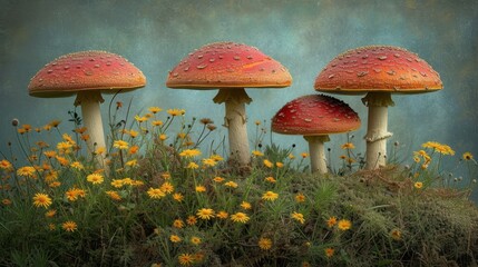 Sticker - a group of mushrooms sitting on top of a patch of grass next to yellow wildflowers and yellow daisies.