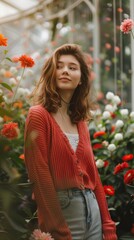 Canvas Print - A woman standing in a field of flowers wearing red sweater, AI