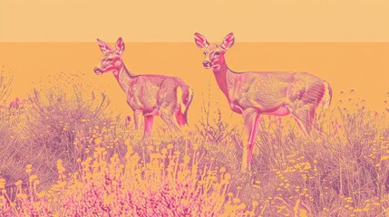 Sticker - a couple of deer standing next to each other on top of a grass covered field in front of a yellow sky.