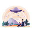 Mann schaut auf Handy während UFOs im Hintergrund landen vektor Illustration