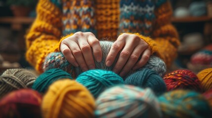 Wall Mural - a person's hands holding a ball of yarn in front of a pile of skeins of yarn.