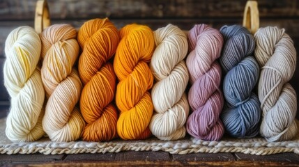 Sticker - a row of skeins of skeins of yarn in various colors on a wooden surface in front of a wooden wall.