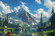 Serene Lakeside Camping in Majestic Mountain Landscape Illustration