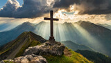 Fototapeta  - Divine Light: Cross on Mountain Peak Bathed in Sunrays, Easter Sunday, Sacrifice, redemption, salvation, eternal life