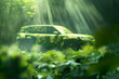 An electric SUV with a rugged design, visible through a translucent layer of green energy waves, against a forest green background