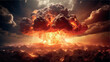 Big explosion with smoke and ash. Eruption. Explosion of a nuclear bomb vector illustration. Mushroom cloud. Bomb detonation. Attack, war, end of the world. Earthquake, magma, lava.
