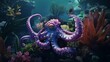 Witness the elegance of a textured octopus as it maneuvers through a garden of underwater plants, its purple hue a striking contrast to its surroundings.