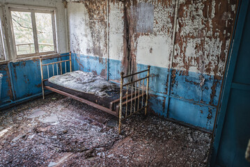 Sticker - Bed in floating restaurant in Pripyat ghost city in Chernobyl Exclusion Zone in Ukraine