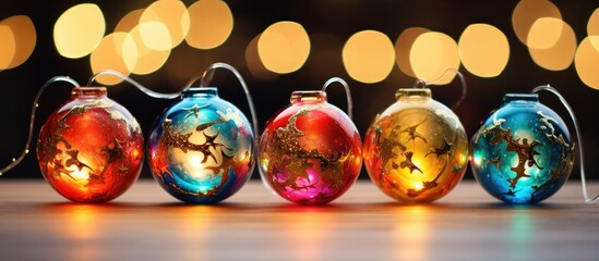 Canvas Print - A line of vibrant Christmas ornaments displayed on a rustic wooden table, resembling a luxurious piece of jewellery or a fashionable art piece in electric blue and festive colors