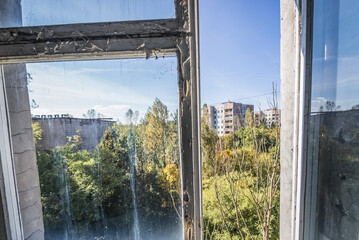 Wall Mural - View from Hospital MsCh-126 in Pripyat ghost city in Chernobyl Exclusion Zone, Ukraine