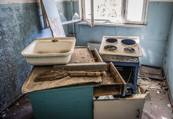 Wall Mural - Flat in abandoned 16-story residential building in Pripyat ghost city in Chernobyl Exclusion Zone, Ukraine