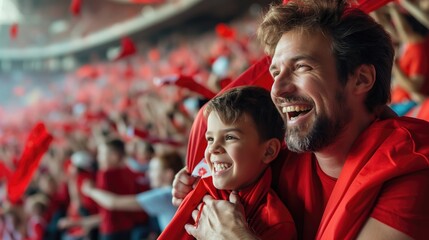 cheerful father and son cheer for their favorite team on the football stadium. football concept