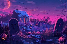 Haunted Graveyard Night With Tombstones