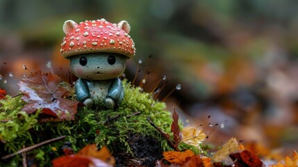 Sticker - a small figurine sitting on top of a pile of moss with a red mushroom on top of it.