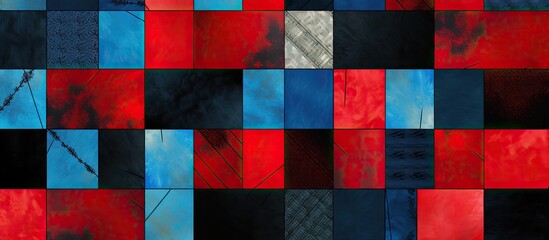 Sticker - A vibrant closeup of a red, black, and blue checkered pattern featuring a mix of colors and geometric shapes like rectangles and triangles, showcasing creativity in textile art