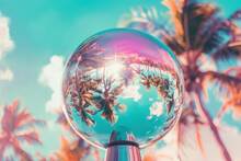 Vibrant Palm Trees Reflected In Crystal Ball Against Clear Blue Sky
