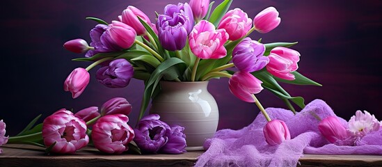 Canvas Print - A beautiful flower arrangement of pink and purple tulips in a vase on a table