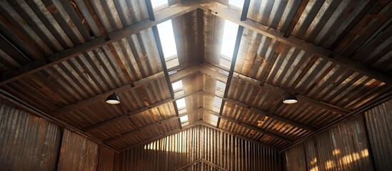 Poster - The hardwood ceiling in the barn has a skylight, allowing natural light to stream in. The symmetry of the wood pattern creates a rustic and cozy atmosphere